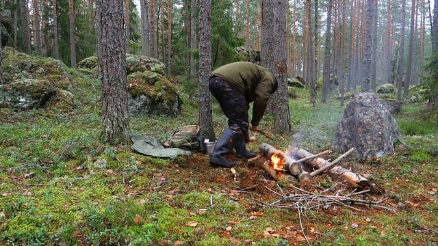 Camping in the forest in autumn: How to light a fire for heating смотреть онлайн
