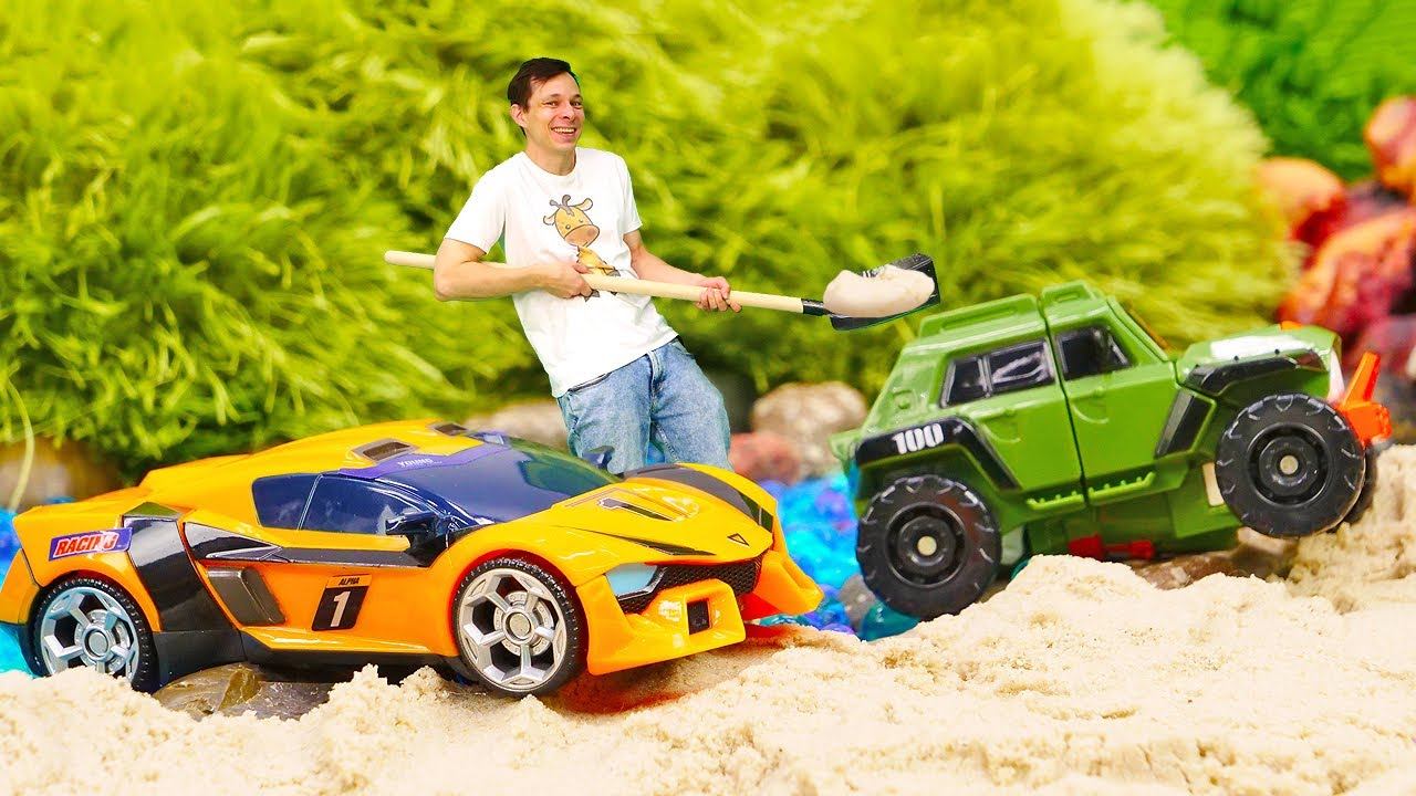 Тобот застрял в песке! – Роботы Трансформеры в видео про машинки смотреть онлайн