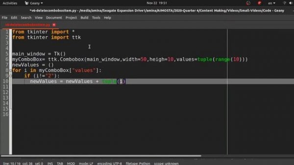combobox in tkinter: how to delete an item- python 3