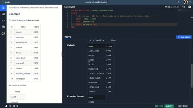 Contest Leader Board ( contestLeaderboard ) - CODESIGNAL - MySQL смотреть онлайн