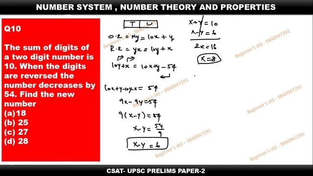Q 10-NUMBER SYSTEM-The sum of digits of a two digit number is 10. When the digits are reversed смотреть онлайн