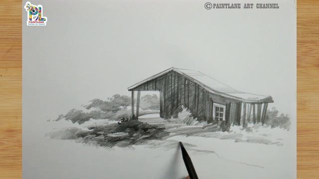 How to draw small wooden cabin house with black pencil || Pencil landscape art || PAINTLANE смотреть онлайн