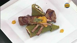 Каре ягнёнка с овощными роллами // Соус-мармелад из манго с мёдом и лимоном