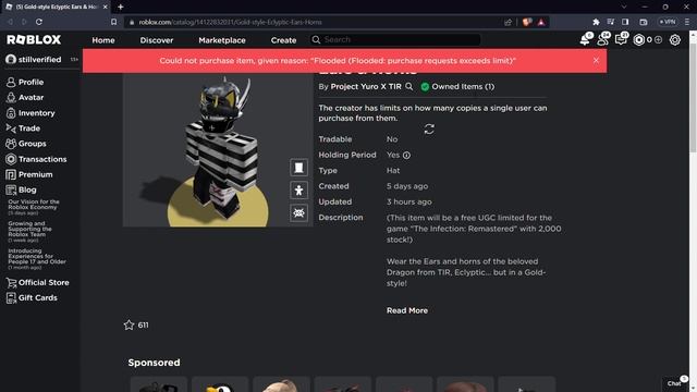Sniping the "Gold-style Eclyptic Ears & Horns" Roblox Free UGC Limited смотреть онлайн