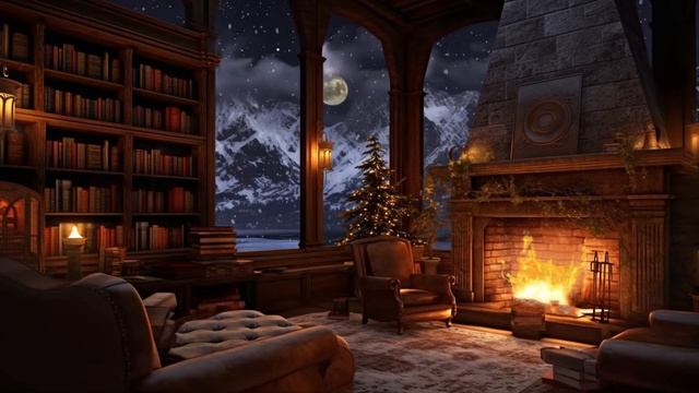 Cozy Winter Ambience: ASMR Fireplace Sounds in a Library at Night смотреть онлайн