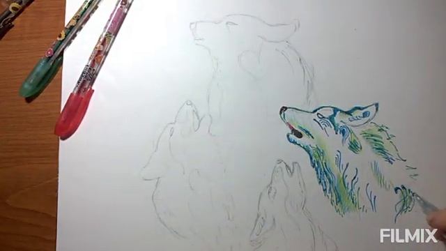 Как нарисовать воющего волка цветными ручками. смотреть онлайн