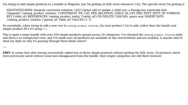 Magento: SQL Error when adding simple products to bundle смотреть онлайн