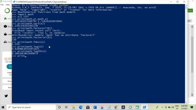 Python program to learn functions of math module using Anaconda Powershell. смотреть онлайн