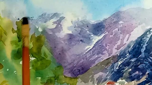 Watercolor Mountain Landscape Snowy Peaks смотреть онлайн