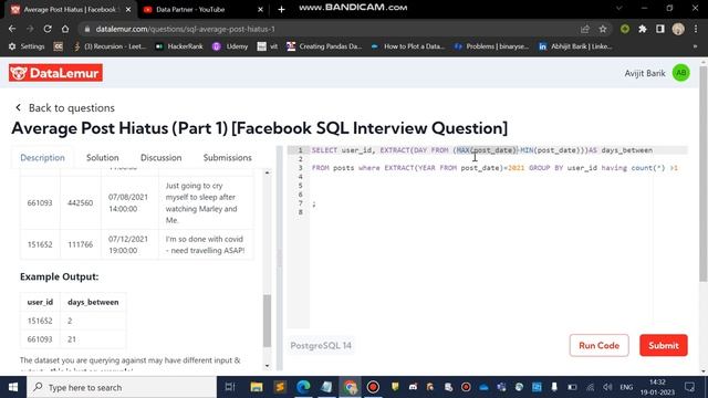 Average Post Hiatus (Part 1) [Facebook SQL Interview Question] || Data Lemur смотреть онлайн