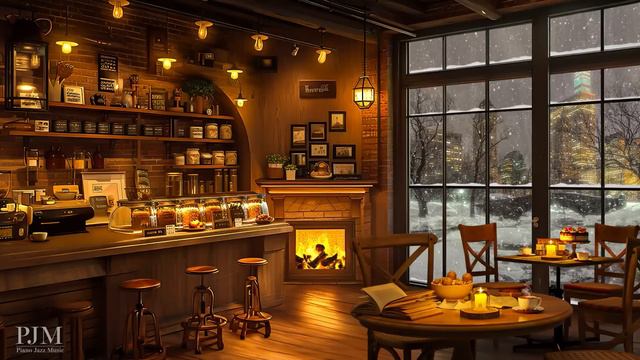 Cozy Coffee Shop Ambience ☕ Smooth Piano Jazz Instrumental Music & Crackling Fireplace for Relax смотреть онлайн