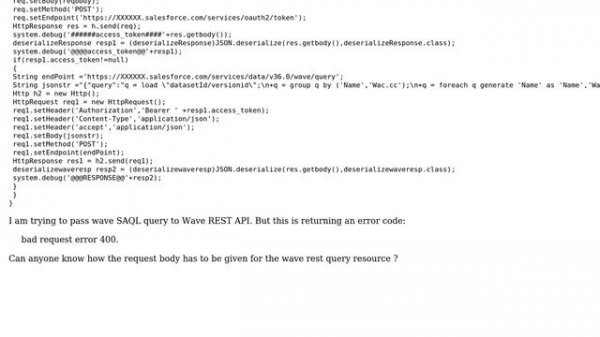 Salesforce: Wave REST API returns BAD REQUEST ERROR 400
