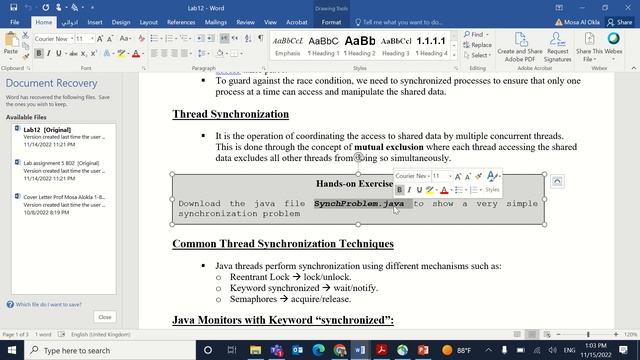 Lab-12- Introduction to Process Synchronization by Mosa Alokla 15-11-2022 QU نظم تشغيل موسى العقلة смотреть онлайн