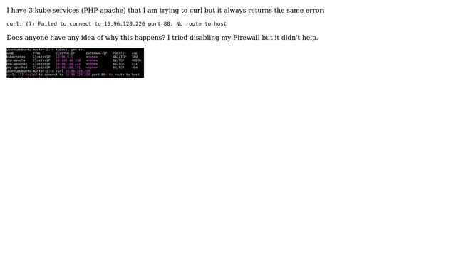 php-apache curl returns (7) Failed to connect to 10.96.128.220 port 80: No route to host смотреть онлайн