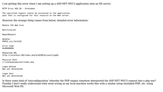 DevOps & SysAdmins: IIS HTTP Error 403.18 - ASP.NET MVC 3 (with PHP 5.3 installed?) (2 Solutions!!) смотреть онлайн