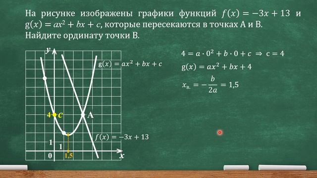 На рис. изображены графики функций f(x)=-3x+13 и g(x)=ax^2+bx+c, кот. пересекаются в точках А и В. смотреть онлайн