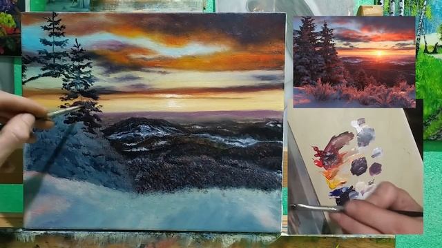 Зимний пейзаж на закате маслом|winter landscape oil art смотреть онлайн