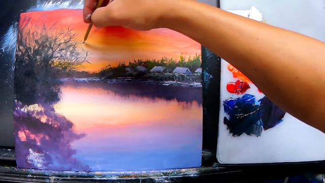 Acrylic Landscape Painting Tutorial / Village In The Lake During Dawn / Fine Art Techniques