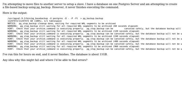 DevOps & SysAdmins: Postgres's pg_basebackup never finishes creating backup смотреть онлайн