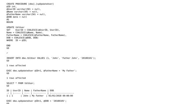 How Can i Update only one Column of SQL Table via store procedure with passing rest column value... смотреть онлайн