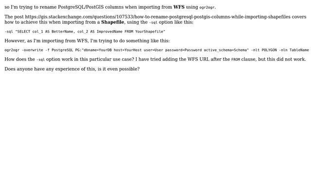 GIS: How to rename PostgreSQL/PostGIS columns while importing from WFS, using OGR? смотреть онлайн