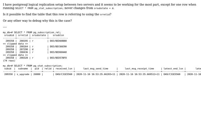 How to find the table name from the pg_subscription_rel.srrelid (postgres logical replication)? смотреть онлайн