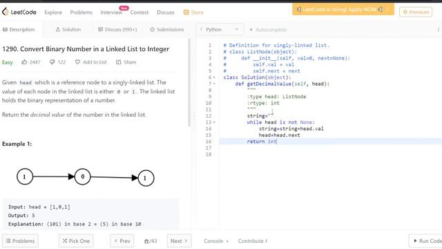 Convert Binary Number in a Linked List to Integer | Python | Leetcode смотреть онлайн
