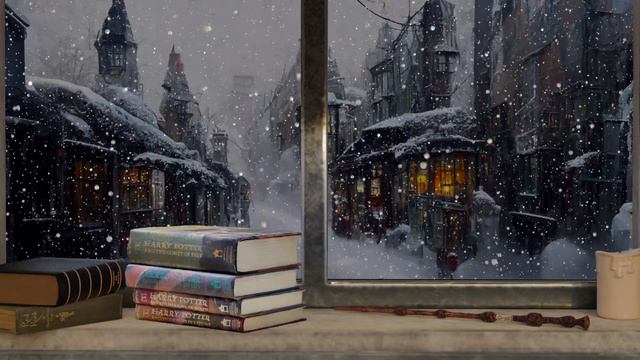 HARRY POTTER AMBIENCE | Snow On Diagon Alley | Crackling Fireplace Ambience | Hogwarts Atmosphere