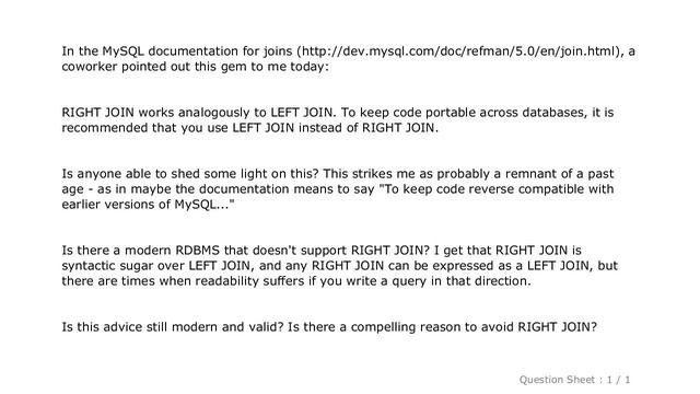 MySQL : MySQL - Left Joins are Officially Preferred Over Right Joins? смотреть онлайн