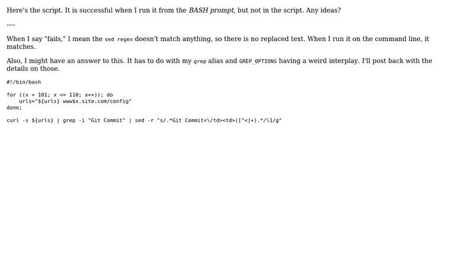 Why does the same sed regex (after grep) fail when run in a bash script vs bash command line? смотреть онлайн
