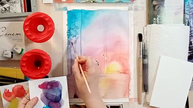Урок рисования этюд: "Закат в лесу" #лучшедома #активноедолголетие смотреть онлайн