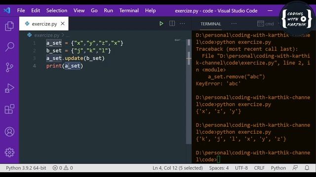 Python Sets | Access/Add/Join/Intersect/Other Methods/Examples | Session 6 | Coding With Karthik смотреть онлайн