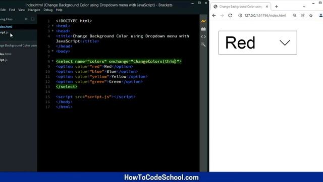 Change Background Color using Dropdown menu with JavaScript [ HowToCodeSchool.com ] смотреть онлайн