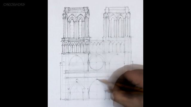 Notre Dame gothic cathedral - Side View Drawing 2 смотреть онлайн