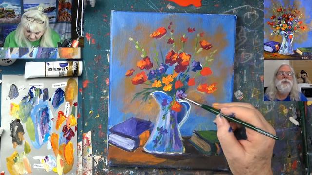 Poppy Flowers In A Blue Pitcher  Acrylic Painting Tutorial With Ginger Cook