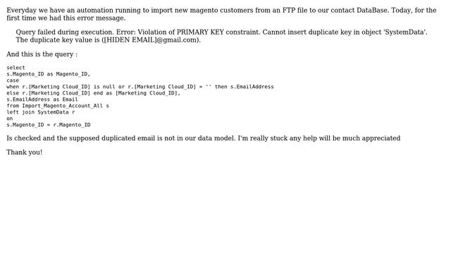 Marketing Cloud: Error: Violation of PRIMARY KEY constraint. Cannot insert duplicate key in object смотреть онлайн