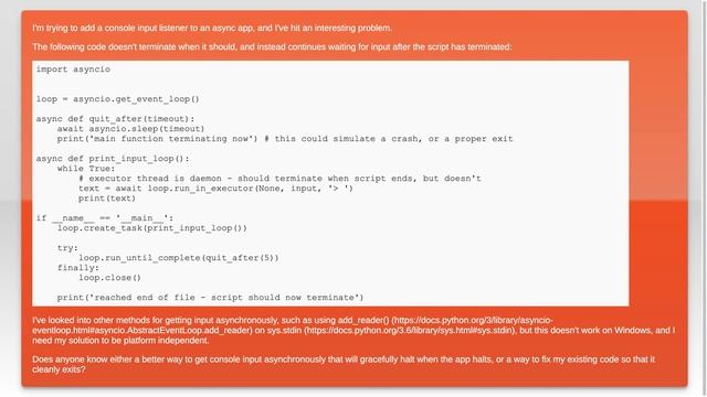 How to cleanly exit a python async app with executor tasks still waiting for console input смотреть онлайн