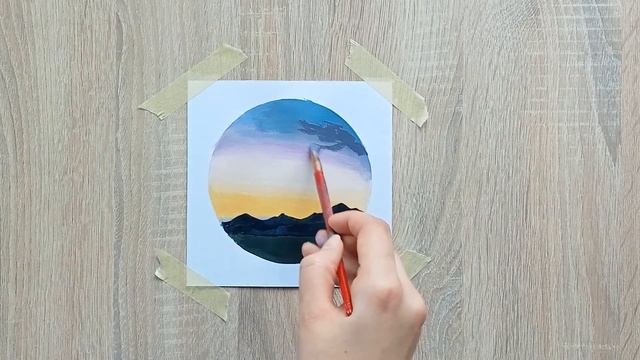 Красивый пейзаж в круглой рамке. Рисунок акриловыми красками рисовать легко смотреть онлайн