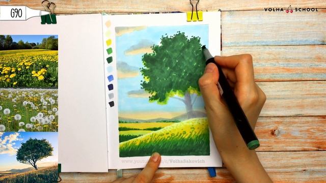 Как нарисовать лето, поле одуванчиков и дерево с качелями? / Видео-урок по рисованию маркерами #82 смотреть онлайн