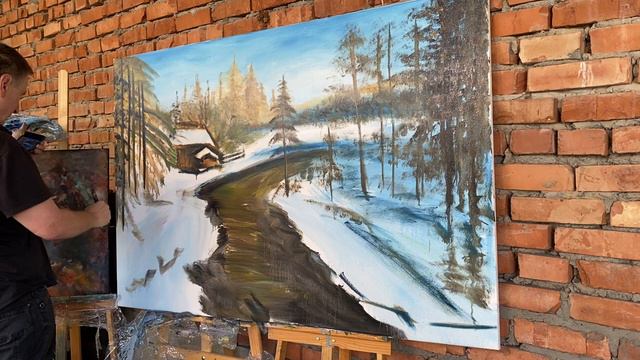 1-этап. Домик у реки, маслом на холсте 100 на 150 см. Зилавди Яшуркаев. смотреть онлайн