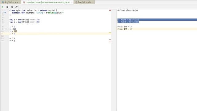 7. Операторы. Собственный тип значений (наследование AnyVal). Инфиксный вызов метода. Уроки Scala. смотреть онлайн
