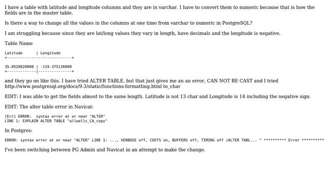 Databases: Postgres columns of latitude and longitude from varchar to numeric (2 Solutions!!) смотреть онлайн