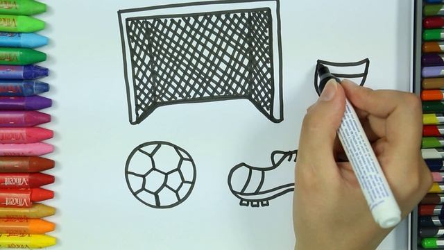 Как рисовать футбольная обувь - футбольные ворота и футбольный мяч раскраска - Как рисовать и цвет смотреть онлайн