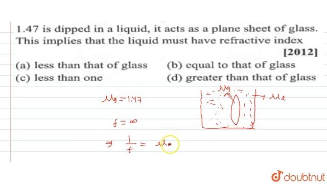 When a biconvex lens of glass having refractive index `1.47` is dipped in a liquid, it a смотреть онлайн