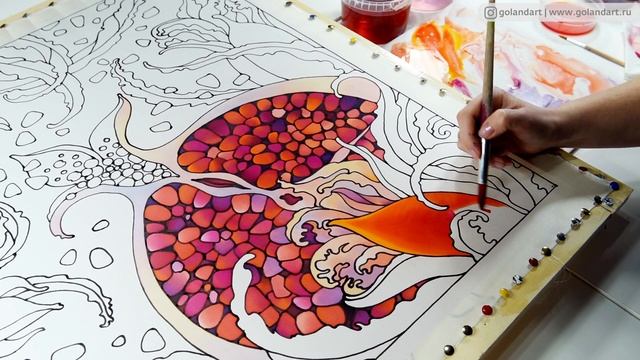 Роспись шёлка в технике "Холодный батик". Платок "Гранаты". смотреть онлайн