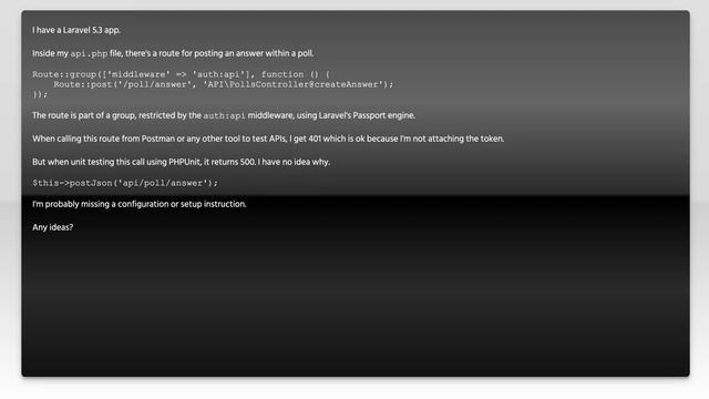 Laravel & PHPUnit: Getting 500 when unit testing "Passport" restricted route смотреть онлайн