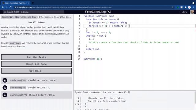 sum all prime numbers FreeCodeCamp challenge смотреть онлайн