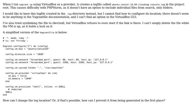 How can I relocate or disable the VirtualBox logfile when starting a vm from Vagrant? смотреть онлайн