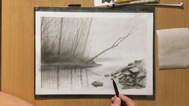 Charcoal Drawing Landscape - Tree Branches Over the River смотреть онлайн