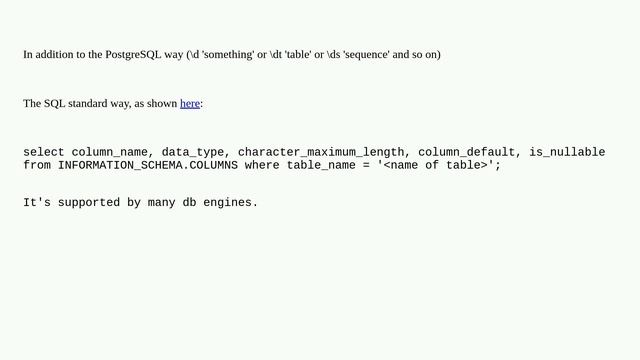 PostgreSQL "DESCRIBE TABLE" смотреть онлайн